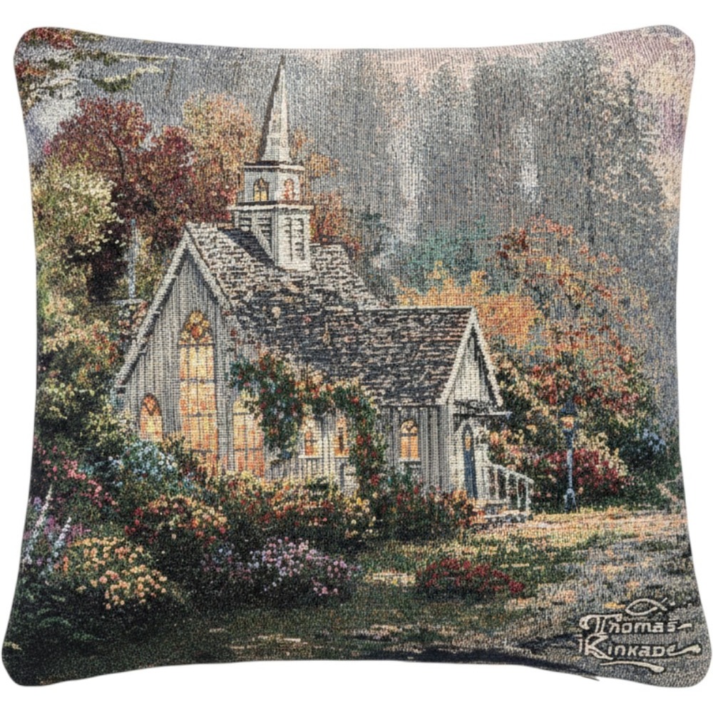Thomas Kinkade Painter of Light Tapestry Pillow Blue Church 16x16 Woven Art